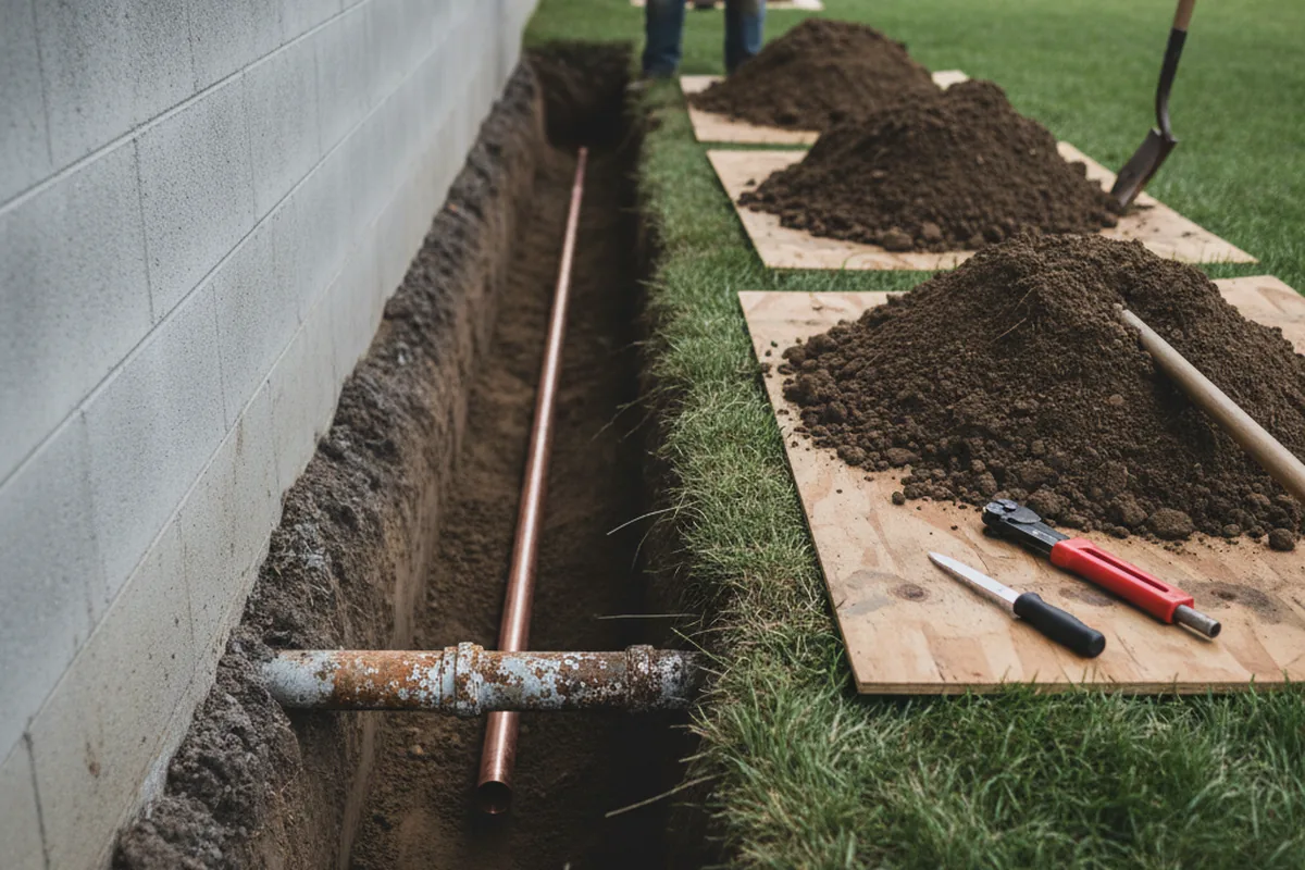 Excavated water line trench during Sewer Line Repair in Monmouth Junction
